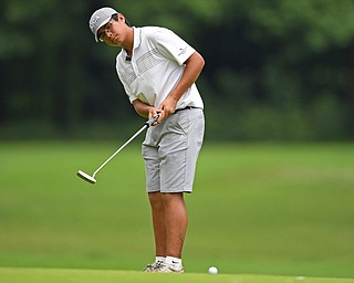 BOARDMAN, OHIO - JUNE 18, 2019: Ben Armbruster, of Powell, Ohio, follows his putt on the17th hole, Tuesday afternoon at Mill Creek Golf Course during he first round of the American Junior Golf Association Tournament. DAVID DERMER | THE VINDICATOR
