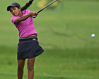 BOARDMAN, OHIO - JUNE 18, 2019: Sophia Sulkar, of Barrington Hills, Illinois, watches her approach shot on the 10th hole, Tuesday afternoon at Mill Creek Golf Course during he first round of the American Junior Golf Association Tournament. DAVID DERMER | THE VINDICATOR