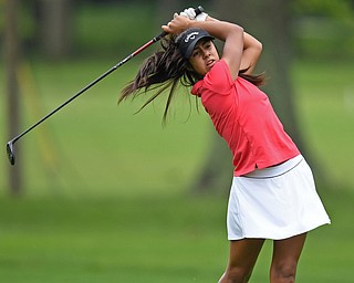 BOARDMAN, OHIO - JUNE 18, 2019: Avi Gill, of Northville, Michigan, watches her approach shot on the 10th hole, Tuesday afternoon at Mill Creek Golf Course during he first round of the American Junior Golf Association Tournament. DAVID DERMER | THE VINDICATOR