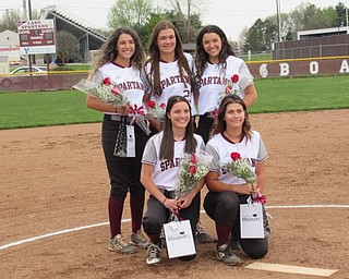 Neighbors | Jessica Harker.Boardman softball graduating senior players, from left, (back) Alicia Saxton, Brooke Hoffman, Ashley Saxton; (front) Vanessa Roush and Jennifer Taraszewski posed with their gifts on the team's annual senior night on April 29.