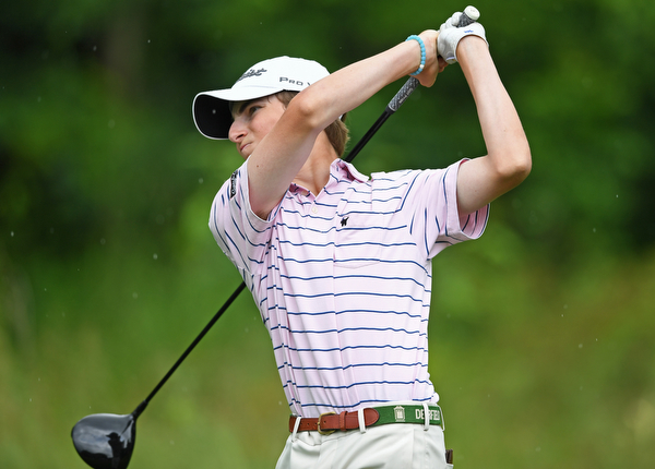 BOARDMAN, OHIO - JUNE 20, 2019: Will Lodge, of Darien, Connecticut, watches his tee shot on the 18th hole during the final round of the American Junior Golf Association Tournament. DAVID DERMER | THE VINDICATOR