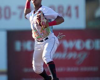 Scrappers' Brayan Rocchio throws the ball to first during their game against the Doubledays at Eastwood Field on Friday night. EMILY MATTHEWS | THE VINDICATOR