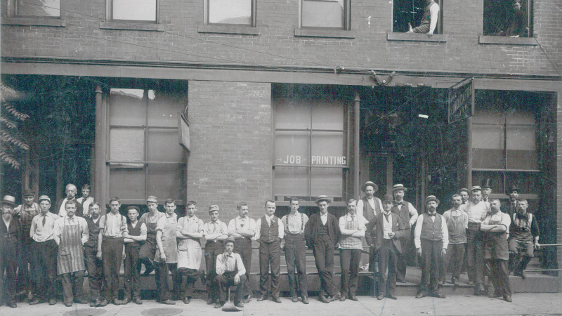 This vintage picture from the late 1880s shows employees setting up shop at the reborn Vindicator at 12-13 S. Phelps St. in downtown Youngstown. William F. Maag Sr., who bought the paper at a sheriff's sale, is at the right edge of the brickwork. The Vindicator celebrates its 150th year of publishing Tuesday.