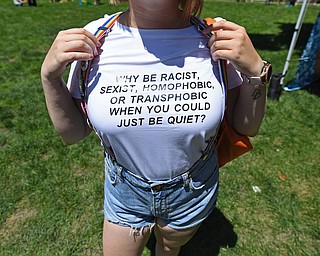 WARREN, OHIO - JUNE 22, 2019: Brittany Scott, of Cortland, shows off her shirt, Saturday afternoon during the Pride Festival. DAVID DERMER | THE VINDICATOR