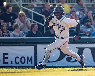DIANNA OATRIDGE | THE VINDICATOR Mahoning Valley Scrapper Korey Holland rounds third and heads home during their game against Auburn at Eastwood Field on Saturday night.