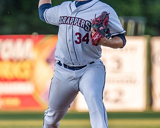 DIANNA OATRIDGE | THE VINDICATOR Mahoning Valley's Eathan Hankins fires a pitch versus Auburn at Eastwood Field on Saturday night.