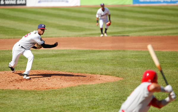 Scrappers' Luis Valdez pitches during their game against the Doubledays at Eastwood Field on Sunday. EMILY MATTHEWS | THE VINDICATOR