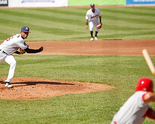 Scrappers' Luis Valdez pitches during their game against the Doubledays at Eastwood Field on Sunday. EMILY MATTHEWS | THE VINDICATOR