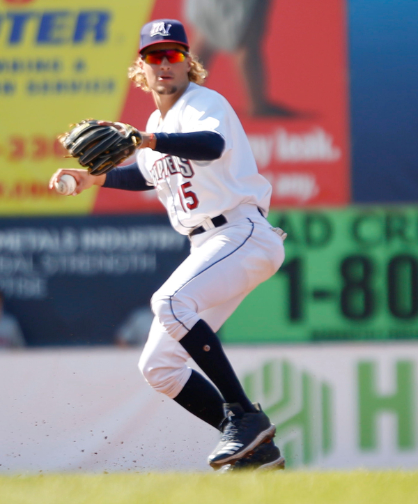 Scrappers' Raynel Delgado throws the ball to first during their game against the Doubledays at Eastwood Field on Sunday. EMILY MATTHEWS | THE VINDICATOR