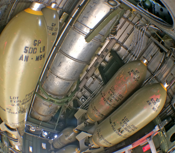  ROBERT K.YOSAY  | THE VINDICATOR..The B-29 Superfortess bomber - FIFI- is at the youngstown Warren Regional airport for tours and fly overs.  B-29 Bombers is best known for dropping the two bombs on Japan thus ending World War II...bomb  holders for the B29