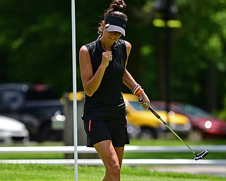 BOARDMAN, OHIO - JUNE 25, 2019: Sierra Richard, of Beaver Falls, Pennsylvania, reacts after sinking her putt on the 18th hole, Tuesday afternoon during the Vindy Greatest Golfer Qualifier at Mill Creek Golf Course. DAVID DERMER | THE VINDICATOR