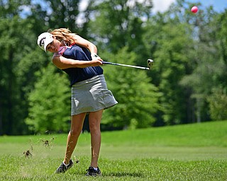 BOARDMAN, OHIO - JUNE 25, 2019: Jackie Adler, of Hubbard, watches her approach shot on the 18th hole, Tuesday afternoon during the Vindy Greatest Golfer Qualifier at Mill Creek Golf Course. DAVID DERMER | THE VINDICATOR