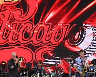 Horns, lights and volume thrill the crowd gathered at the Youngstown Foundation Ampitheatre for the performance of Chicago. Mother Nature even contributed a little lightning in the background.