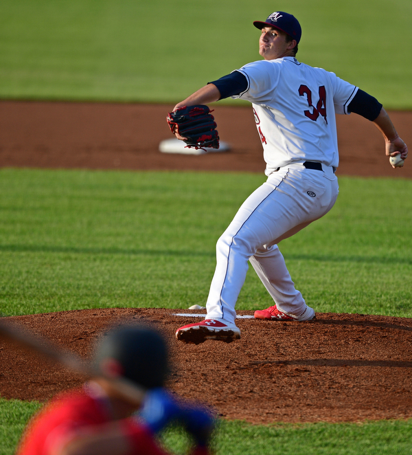 NILES, OHIO - JUNE 28, 2019: Scrappers starting pitcher Eathan Hankins delivers in the first inning of their game against the Batavia Muckdogs, Friday night at Eastwood Field. DAVID DERMER | THE VINDICATOR