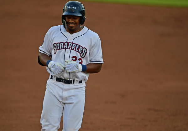 NILES, OHIO - JUNE 28, 2019: Scrappers' Billy Winn smiles after a single in the third inning of their game against the Batavia Muckdogs, Friday night at Eastwood Field. DAVID DERMER | THE VINDICATOR