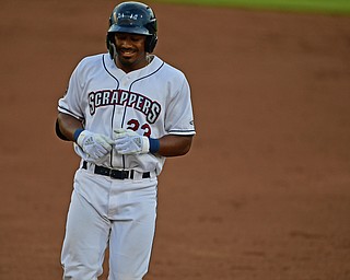 NILES, OHIO - JUNE 28, 2019: Scrappers' Billy Winn smiles after a single in the third inning of their game against the Batavia Muckdogs, Friday night at Eastwood Field. DAVID DERMER | THE VINDICATOR