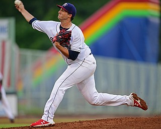 NILES, OHIO - JUNE 28, 2019: Scrappers starting pitcher Eathan Hankins delivers in the third inning of their game against the Batavia Muckdogs, Friday night at Eastwood Field. DAVID DERMER | THE VINDICATOR