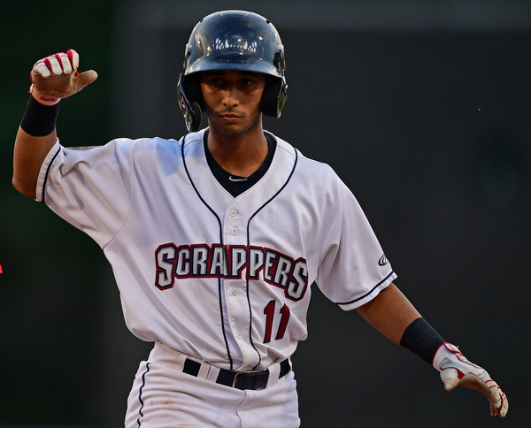 NILES, OHIO - JUNE 28, 2019: Scrappers' Brayan Rocchio celebrates after hitting a single in the third inning of their game, Friday night at Eastwood Field. DAVID DERMER | THE VINDICATOR