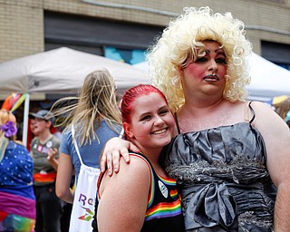 Caitlin Katlenbach, left, of Columbiana, and Keith Stepanic who goes by the stage name Helena, of Warren, pose for a photo at the 11th annual Pride parade and festival in downtown Youngstown on Saturday afternoon. EMILY MATTHEWS | THE VINDICATOR