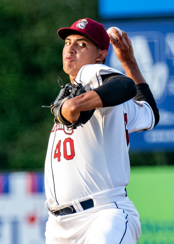 DIANNA OATRIDGE | THE VINDICATOR Mahoning Valley's Jhonneyver Guitierrez delivers a pitch during their game against Batavia at Eastwood Field on Saturday night.