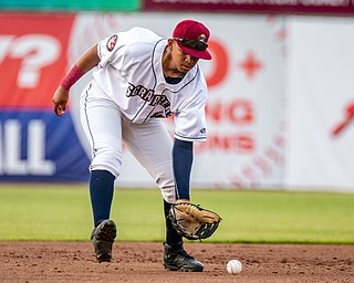 DIANNA OATRIDGE | THE VINDICATOR Mahoning Valley third baseman Jonathan Lopez fields a ground ball during their game against Batavia at Eastwood Field on Saturday night.