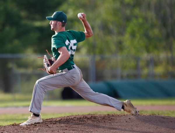The Stark County Terriers' Aaron Miller pitches during their game against the Astro Falcons at Bob Cene Park on Sunday. EMILY MATTHEWS | THE VINDICATOR