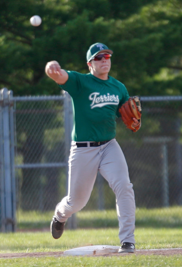 The Stark County Terriers' Robbie Akers throws the ball to first during their game against the Astro Falcons at Bob Cene Park on Sunday. EMILY MATTHEWS | THE VINDICATOR