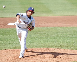 Scrappers' Carlos Vargas pitches during their game against the Muckdogs at Eastwood Field on Sunday afternoon. EMILY MATTHEWS | THE VINDICATOR