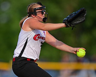 BOARDMAN, OHIO - JULY 2, 2019: Canfield starting pitcher Vita Kelty delivers in the second inning of their game, Tuesday night against Boardman at the Field of Dreams. Canfield won 6-1. DAVID DERMER | THE VINDICATOR