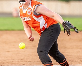 DIANNA OATRIDGE | THE VINDICATOR  Howland's Calleigh Luman fires a pitch during their game against Canfield in the 10U tournament in Boardman on Friday.