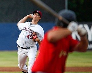 Scrappers' Liam Jenkins pitches against the Spikes at Eastwood Field on Saturday night. EMILY MATTHEWS | THE VINDICATOR