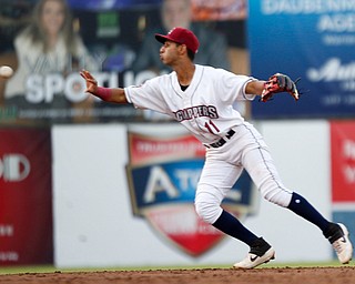 Scrappers' Brayan Rocchio tosses the ball to second during their game against the Spikes at Eastwood Field on Saturday night. EMILY MATTHEWS | THE VINDICATOR