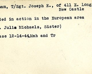 World War II, Vindicator, Joseph E. Abraham, New Castle, wounded, European, Julia Michaels, 1944, Mahoning, Trumbull