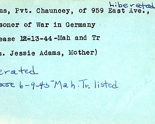 World War II, Vindicator, Chauncey Adams, Warren, prisoner, Germany, Jessie Adams, 1944, liberated, 1945, Mahoning, Trumbull