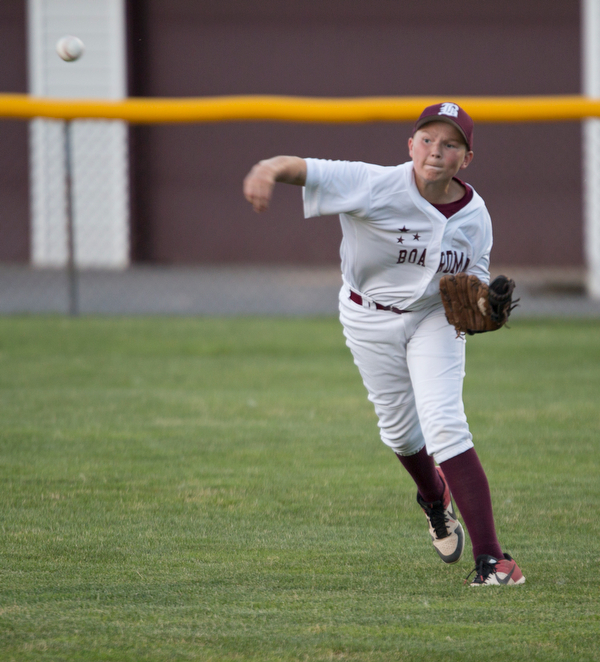 Boardman's Mason Nawroki throws the ball in from right field during their game against Canfield at Field of Dreams in Boardman on Wednesday night.
