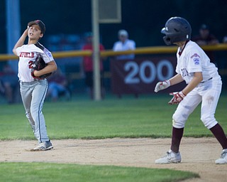 Canfield's Jake Bednar gets ready to throw the ball to first while Boardman's Rowan Urbach watches and waits to advance to third during their game at Field of Dreams in Boardman on Wednesday night.