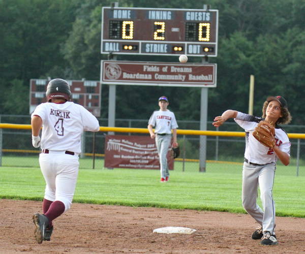 William D. Leiws The vindicator  Canfield's Jake Bednar(2) makes the throw to first for a double play as Boardman's Tyler Kirlik (4) is out at 2nd.