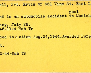 World War II, Vindicator, Ervin Bagwell, East Liverpool, killed, automobile accident, Munich, Germany, 1945, Mahoning, Trumbull, wounded, 1944, purple heart
