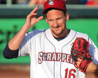 William D Lewis the Vindicator Tribe reliever Dan Otero(16) throws duing first inning with Scrappers during a rehab 7-15-19 in niles .