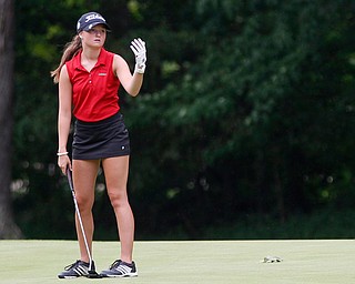 Ava Staebler, of Canfield, reacts after putting the ball during the Greatest Golfer Juniors U17 at Avalon Lakes Golf Course on Tuesday. EMILY MATTHEWS | THE VINDICATOR