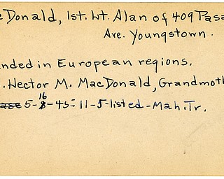 World War II, Vindicator, Alan MacDonald, Youngstown, wounded, Europe, 1945, Mahoning, Trumbull, Mrs. Hector M. MacDonald