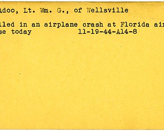 World War II, Vindicator, William G. McAdoo, Wellsville, killed, airplane crash, Florida air base, 1944