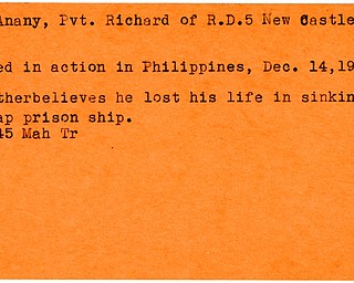 World War II, Vindicator, Richard McAnany, New Castle, killed, Philippines, 1943, brother belives he lost his life in sinking of Japanese prison s, 1945, Mahoning, Trumbull