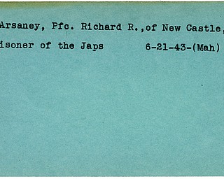 World War II, Vindicator, Richard R. McArsaney, New Castle, Pennsylvania, prisoner, Japanese, Japan, 1943, Mahoning