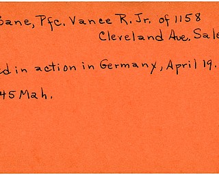 World War II, Vindicator, Vance R. McBane Jr., Salem, killed, Germany, 1945, Mahoning
