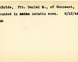 World War II, Vindicator, Daniel M. McBride, Conneaut, wounded, Asiatic area, Asia, 1944, Mahoning