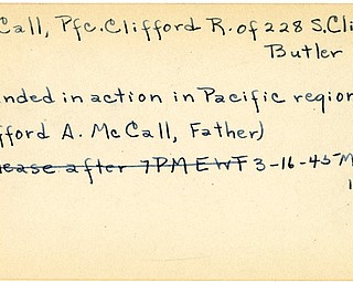 World War II, Vindicator, Clifford R. McCall, Butler, wounded, Pacific, 1945, Mahoning, Trumbull, Clifford A. McCall