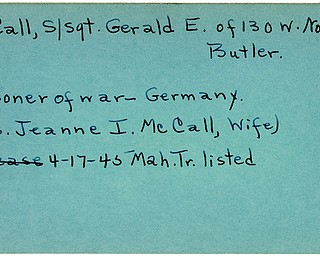 World War II, Vindicator, Gerald E. McCall, Butler, prisoner, Germany, 1945, Mahoning, Trumbull, Mrs. Jeanne I. McCall