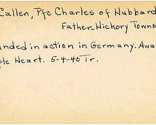 World War II, Vindicator, Charles McCallen, Hubbard, Sharon, Father, Hickory Township, wounded, Germany, award, Purple Heart, 1945, Trumbull