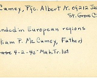 World War II, Vindicator, Albert N. McCamey, Grove City, wounded, Europe, 1945, Mahoning, Trumbull, William P. McCamey